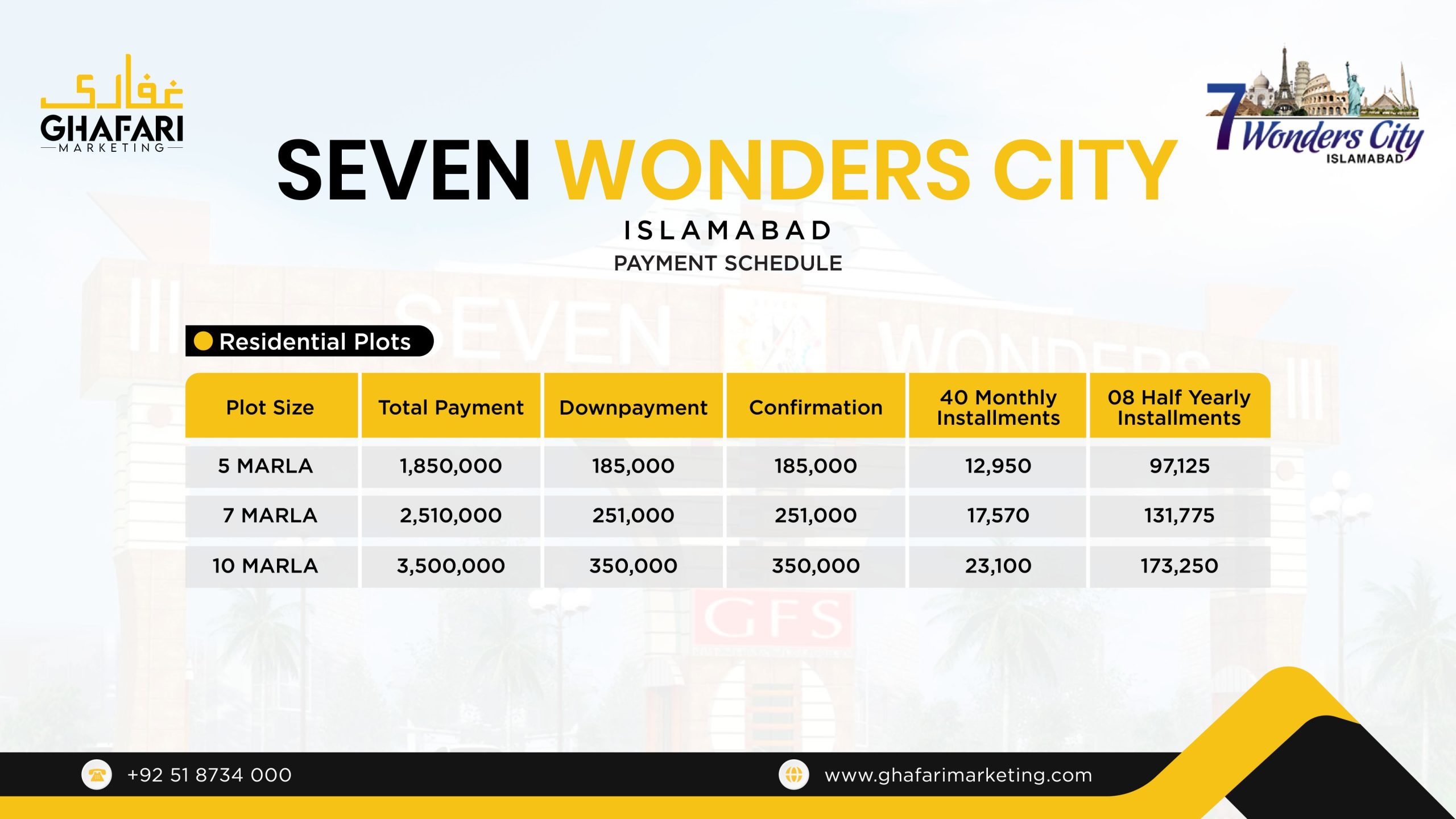 Seven Wonders City Islamabad Payment Plan